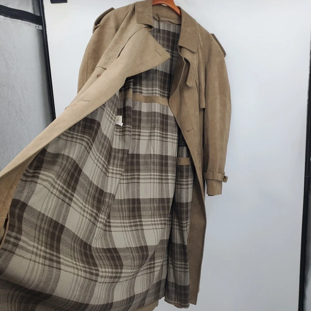Vintage Neiman Marcus Alcantara Faux Suede Trench Coat Double Breast Tan Duster